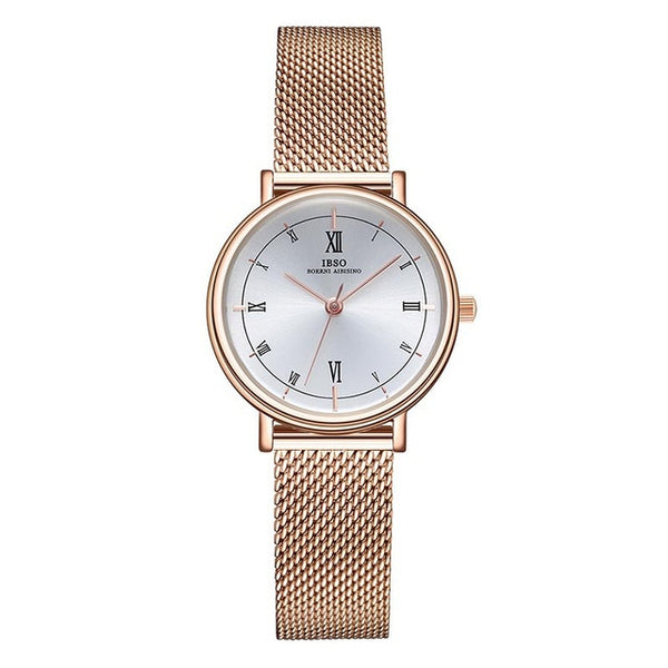 IBSO Women's Quartz Watches Rose Gold Ultra thin Stainless Steel Mesh Strap Quartz Clock Hours Ladies Simple Relogio Masculino