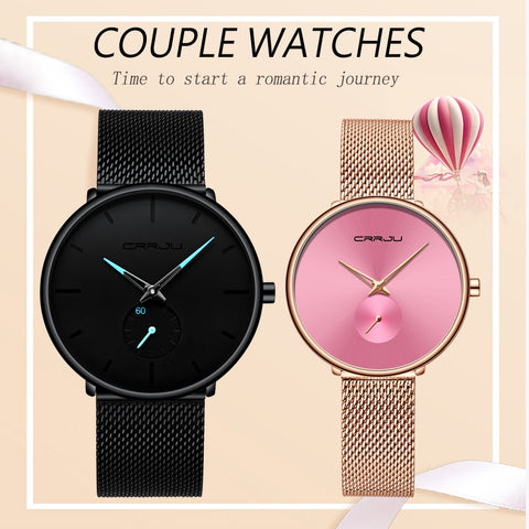 CRRJU Lover Watch Fashion Waterproof Stainless Steel Mesh Couple Wristwatches the Best Valentines Day Gifts for Lover Hot Sale