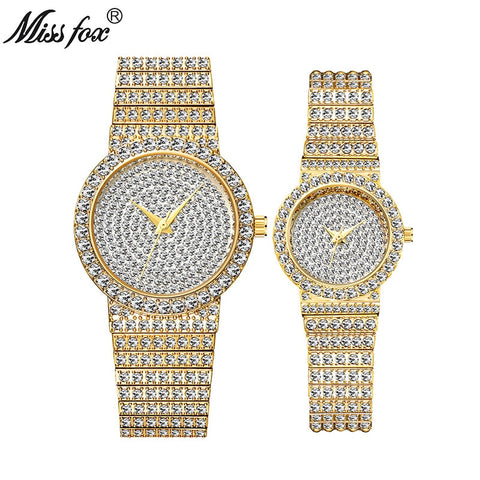 MISSFOX Top Brand Luxury Couple Watch Diamond Men/Women Quartz Watch Clock Ladies Luxury Wrist Watch Fashion Casual Lovers Watch