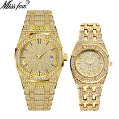 MISSFOX 18K Gold Iced Out Lab Dimaond Luxury Brand Stainless Steel Analog Quartz Waterproof Lover's Watch Set