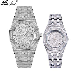 MISSFOX 18K Gold Iced Out Lab Dimaond Luxury Brand Stainless Steel Analog Quartz Waterproof Lover's Watch Set